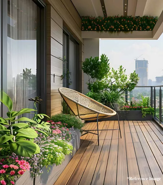 Spiti Homes balcony with wooden deck and green plants